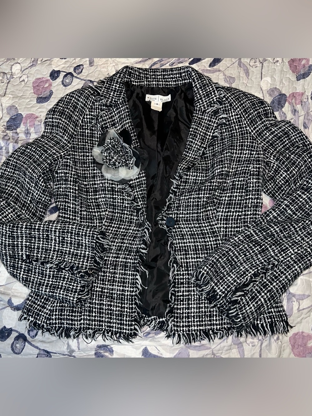 White House Black Market Black & White Tweed Blazer with Floral Pin